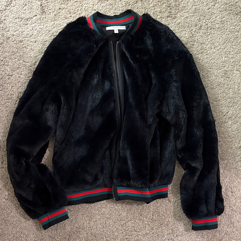 Lavender Brown Black Faux Fur Bomber with Red and Green Stripe Trim
